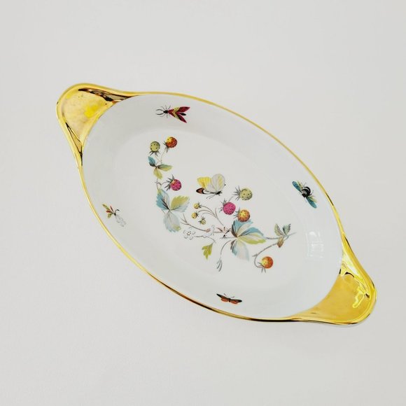 Royal Worcester Strawberry Fair Gold Trim Oval Baking Dish Size 9 Butterflies - Picture 3 of 15